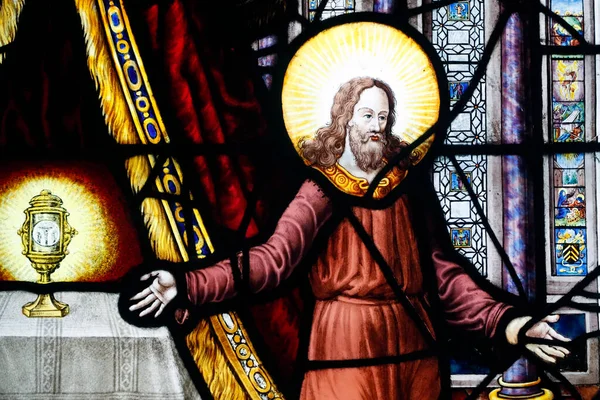 Saint Etienne Mont Kirche Bleiglasfenster Jesus Präsentiert Den Gläubigen Die — Stockfoto