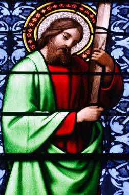 Saint Andew.  Stained glass window.  Ferney Voltaire. France. 