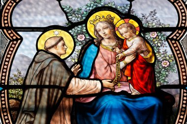 Padua 'lı Aziz Anthony ve Bebek İsa. Lekeli cam pencere. Combloux. Fransa. 