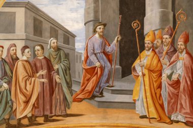  St. Nicolas de Veroce church. St. Nicolas is chosen to be bishop of Myra. Painting.  France.