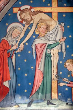 Saint-Pierre-le-Jeune Protestan Kilisesi. İsa 'nın Tutkusu. İsa çarmıhtan indirilir. Fresk. Strasbourg 'da. Fransa.