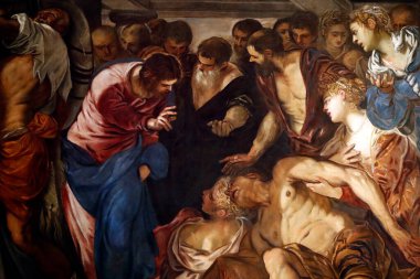 San Rocco Katolik Kilisesi. İsa, Le Tintoret 'in Capernaum' unda felci iyileştiriyor. Venedik. İtalya. 