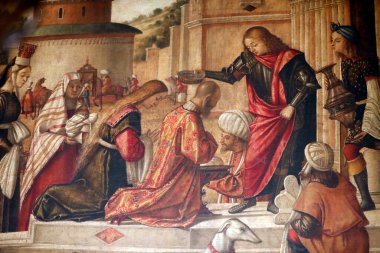The Scuola di San Giorgio degli Schiavoni. St George baptizing the Gentiles.  Venice. Italy. 