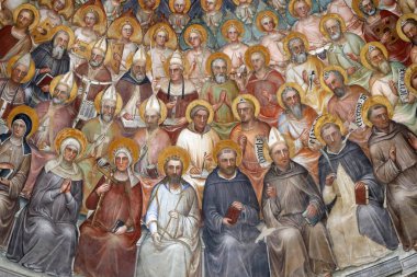 Padua Vaftizhanesi. 14. yüzyıldan kalma tavan freskleri, Giusto de Menabuoi 'den. The Paradise 'da Aziz İsa 'yı başpiskoposlar, peygamberler ve azizlerle kutsa. Ayrıntılar. Padua. İtalya. 