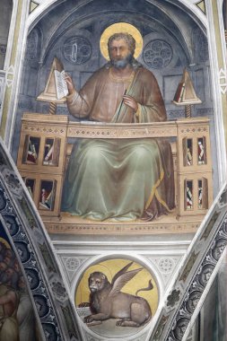 Padua Vaftizhanesi. 14. yüzyıldan kalma tavan freskleri, Giusto de Menabuoi 'den. Havari Aziz Mark. Padua. İtalya. 