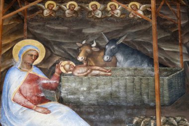 Padua Vaftizhanesi. 14. yüzyıldan kalma tavan freskleri, Giusto de Menabuoi 'den. İsa 'nın doğuşu. Padua. İtalya. 