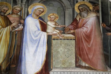 Padua Vaftizhanesi. 14. yüzyıldan kalma tavan freskleri, Giusto de Menabuoi 'den. Tapınakta İsa 'nın sunumu. Padua. İtalya. 