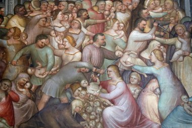 Padua Vaftizhanesi. 14. yüzyıldan kalma tavan freskleri, Giusto de Menabuoi 'den. Masumların Katliamı. Padua. İtalya. 