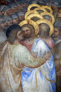 Padua Vaftizhanesi. 14. yüzyıldan kalma tavan freskleri, Giusto de Menabuoi 'den. Yahuda 'nın öpücüğü. Padua. İtalya. 