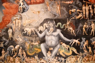 Scrovegni Şapeli. Giotto 'dan Fresco, 14. yüzyıl. Son Hüküm. Cehennemin Prensi, lanetlileri yakalar ve yer. Padua. İtalya. 