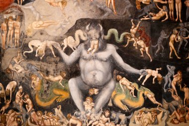 Scrovegni Şapeli. Giotto 'dan Fresco, 14. yüzyıl. Son Hüküm. Cehennemin Prensi, lanetlileri yakalar ve yer. Padua. İtalya. 