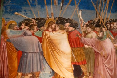 The Scrovegni Chapel. Fresco  by Giotto, 14 th century.  The Kiss of Judas n the Garden of Gethsemane.  Padua. Italy. 