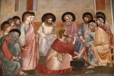 Scrovegni Şapeli. Giotto 'dan Fresco, 14. yüzyıl. Kutsal Perşembe. Ayakların yıkanması. İsa ve havariler. Padua. İtalya. 
