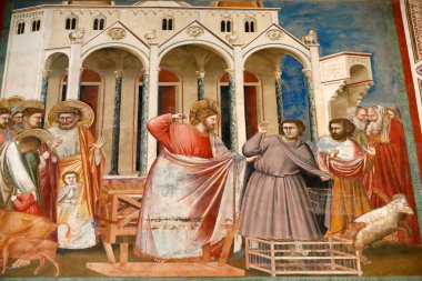 The Scrovegni Chapel. Fresco  by Giotto, 14 th century. Jesus drives the merchants from the temple.  Padua. Italy. 