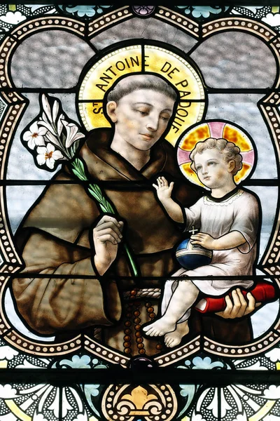 Saint Anthony Padua Infant Jesus Stained Glass Window Combloux France — Fotografia de Stock