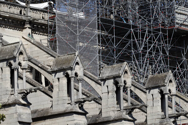 Notre Dame de Paris cathedral. After the fire. consolidation work. France.