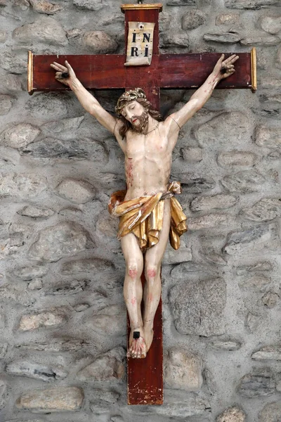 Sainte Marie Madeleine Church Jesus Cross Praz Sur Arly France — Fotografia de Stock