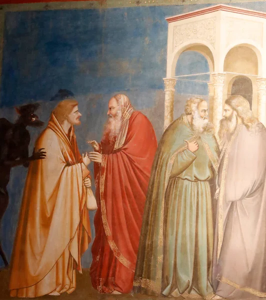 Scrovegni Şapeli. Giotto 'dan Fresco, 14. yüzyıl. Judas İsa 'ya ihanet etti. Padua. İtalya. 