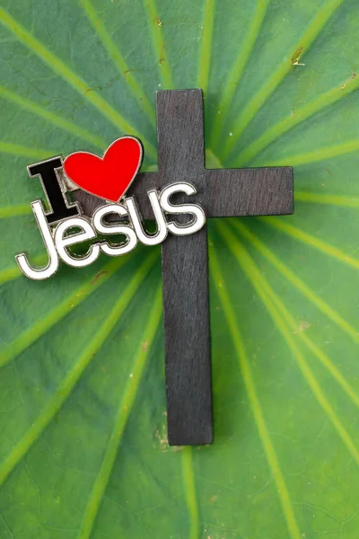 Christliches Kreuz Und Jesusanstecker Auf Grünem Lotusblatt — Stockfoto