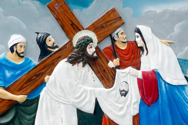 Τρόπος Του Σταυρού Σταθμός Βερόνικα Σκουπίζει Πρόσωπο Του Ιησού Βουνγκ — Φωτογραφία Αρχείου