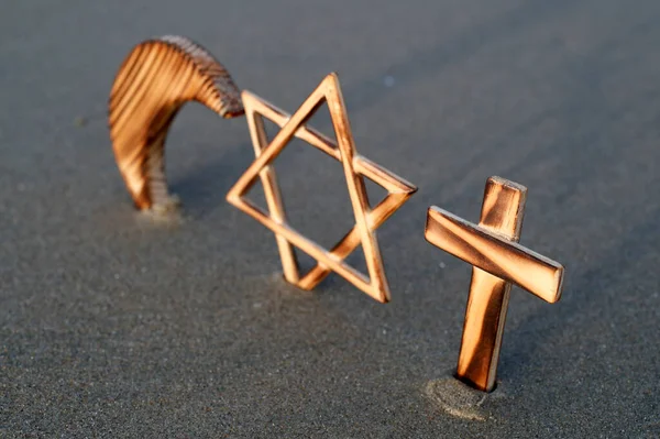 Χριστιανισμός Ισλάμ Ιουδαϊσμός Μονοθεϊστικές Θρησκείες Εβραϊκό Αστέρι Σταυρός Και Ημισέληνος — Φωτογραφία Αρχείου