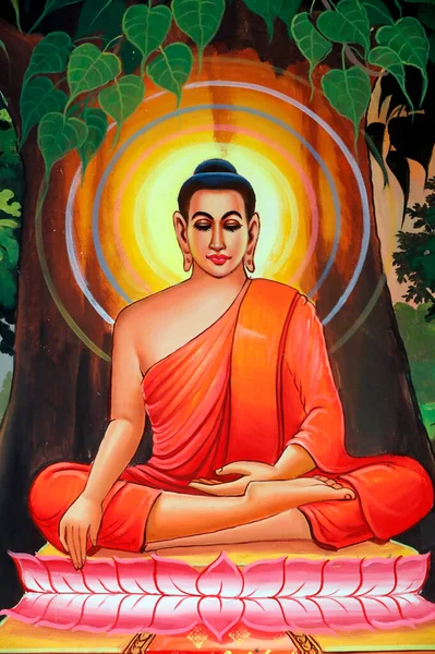 Painting Depicting Life Story Shakyamuni Buddha Buddha Meditating Bodhi Tree — Stok fotoğraf