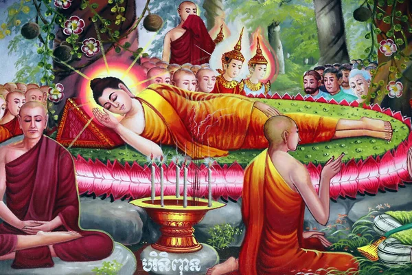 Pintura Que Representa Historia Vida Shakyamuni Buddha Muerte Del Buda —  Fotos de Stock