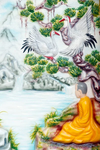 Linh Son Buddisttempel Munk Med Röda Kranar Symboliserar Livslängd Och — Stockfoto