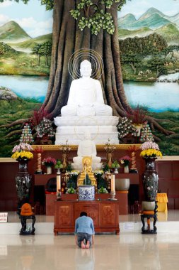 Van Linh Budist tapınağı. Buda 'ya dua eden adam. Buda 'nın Aydınlanması. An Hao. Vietnam. 