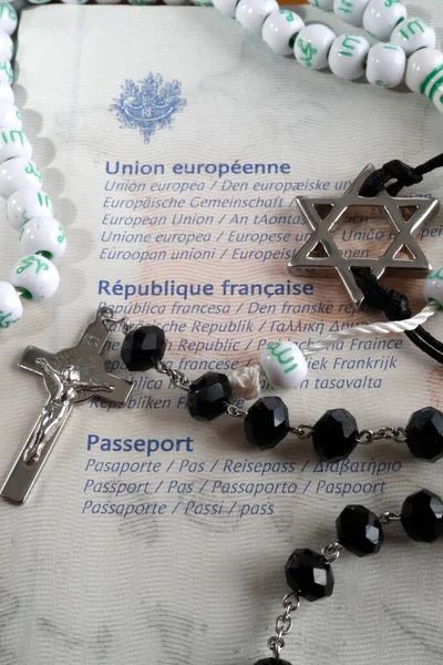 French Passport Interfaith Symbols Islam Judaism Christianity — Stock fotografie