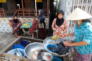 Cham bölgesinde balık satan bir kadın. Chau Doc. Vietnam. 