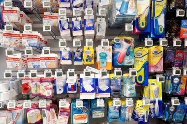 Stalls in row at supermarket.