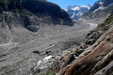 Fransız Alpleri. Mont Blanc massif. 1820 'den bu yana 150 metre seyrelen ve 2300 metre geri çekilen Mer De Glace buzulu. Chamonix. Fransa. 