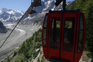 Fransız Alpleri. Mont Blanc massif. 1820 'den bu yana 150 metre seyrelen ve 2300 metre geri çekilen Mer De Glace buzulu. Gondol kaldırma. Chamonix. Fransa. 