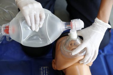 Life-saving first aid on a model.  Training session exercise.  France. 