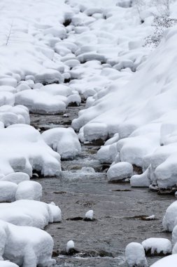 Kışın Mont Blanc Massif. Nehir ve kar. Les Contamines. Fransa.
