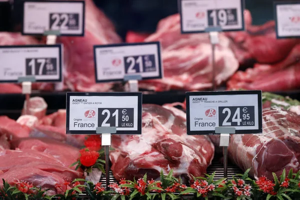 Supermarket Butchery Beef Sale France — Stok fotoğraf