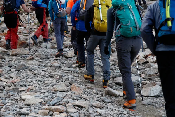 Mont Blanc 'ın düzenli rotası boyunca Gouter Refuge boyunca yükselen dağcılar. Fransa. 