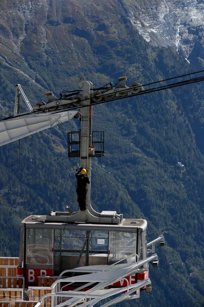 Mecanic review on Brevent cable car. Chamonix Valley, French Alps.  France.