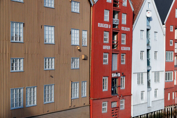 Restored and converted storehouses along the River Nidelva. Trondheim. Norway.