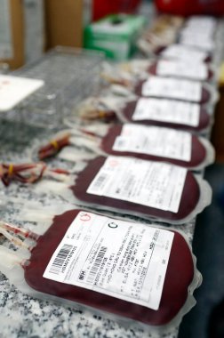 Pouches of donated blood in hospital.  Ho Chi Minh city. Vietnam. 