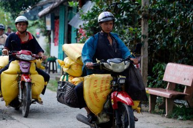 Motorbikes drivers with heavy rice bags.  Can Tho. Vietnam. 