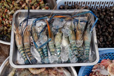 Pazarda satılık dev karidesler. Ho Chi Minh Şehri. Vietnam. 