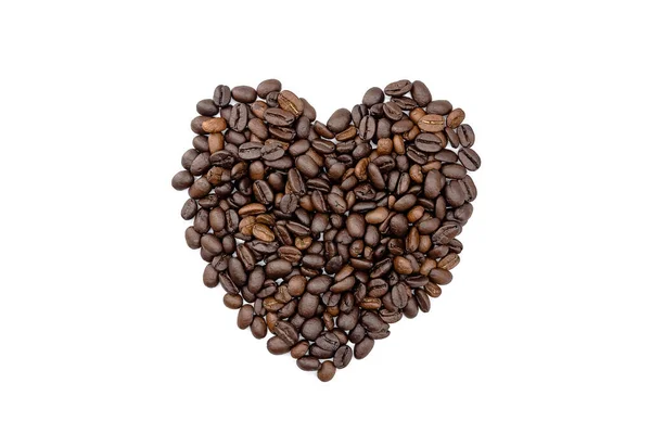 Montón Granos Café Tostados Dispuestos Forma Corazón Aislado Sobre Fondo — Foto de Stock