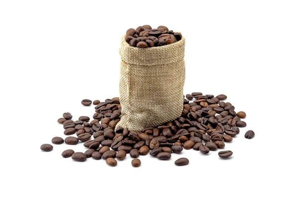 Heap Roasted Coffee Beans Hemp Bag Isolated White Background — Stock Photo, Image