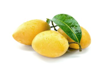 Marian Plum, Plum Mango, sarı taze meyve ve yeşil yaprak. Tatlı ve ekşi bir tadı olan yaz meyvesi. beyaz arkaplanda izole.