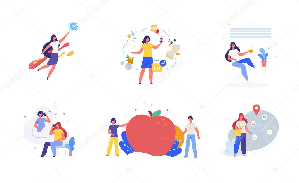 People use smartphones, home, care, leisure tourism, health, dream, social networks set of icons, illustration. Smartphones tablets user interface social media.Flat illustration Icons infographics