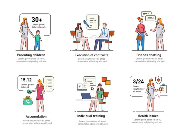 Ragazza donna vari problemi di vita e gli affari. Famiglia, relazioni, convenienza, lavoro, casa. Infografica, linea, pubblicità, banner, video — Vettoriale Stock