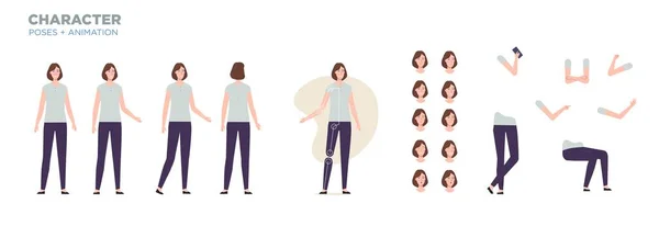 Affärskvinna karaktär för animation. Skapande set med olika vyer, ansikte känslor, poser och gester. Stockillustration