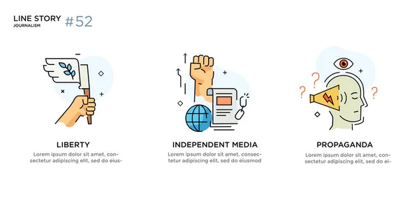 Set of illustrations icons propaganda, free media, protest, investigation — Image vectorielle